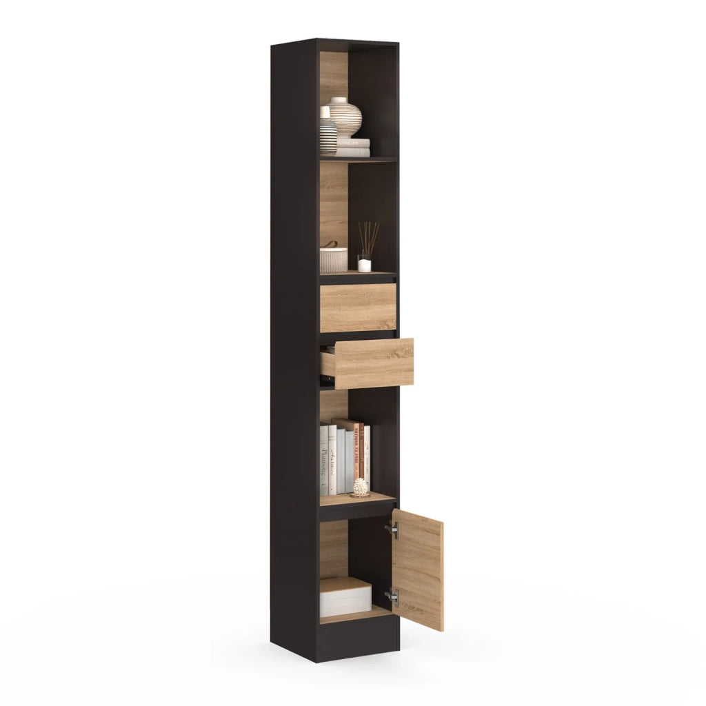 IDMarket - Libreria CARLA 3 livelli 2 cassetti 1 armadio effetto legno e nero H.190 cm