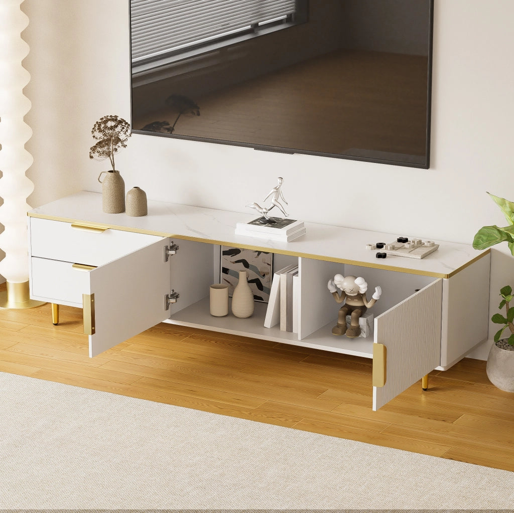 Mobile TV ULEVR 170x37x45 cm con 2 cassetti e 2 ante, bianco e oro con texture scolpita