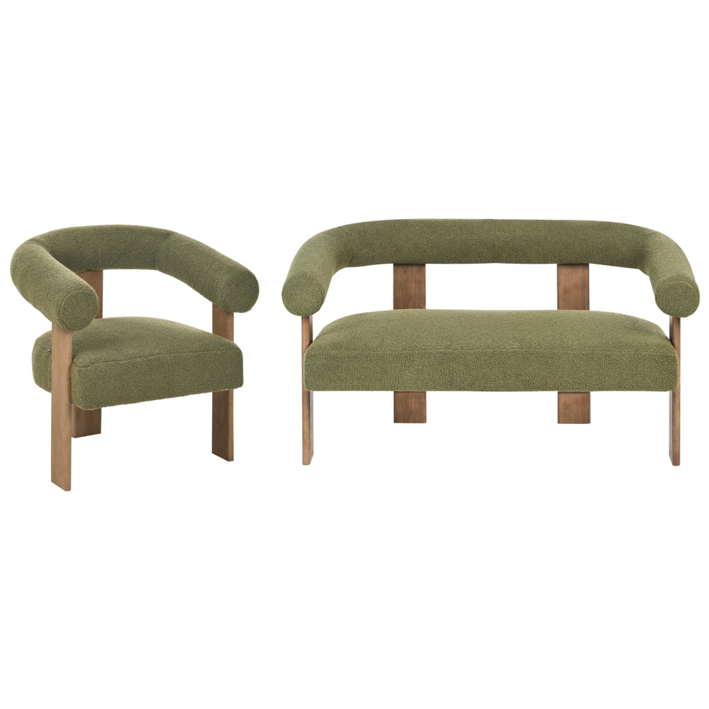 Set da salotto divano a 2 posti poltrona imbottita bouclé verde e marrone scuro stile retrò soggiorno