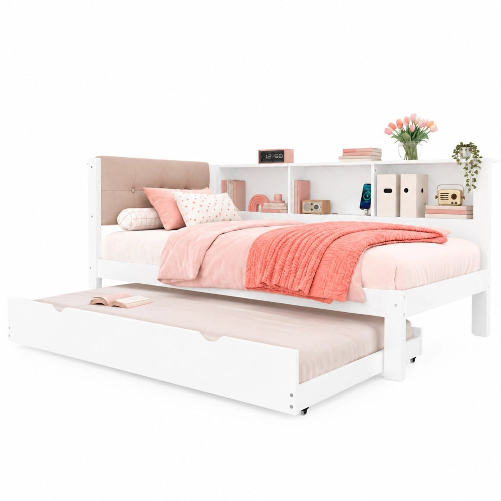 Letto daybed estraibile in pino bianco con LED, USB e ripiani laterali