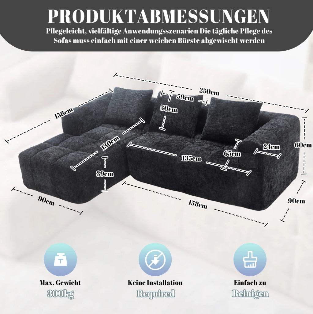 Divano angolare 250x158x60 cm con penisola; tasche laterali e 3 cuscini in chenille nero