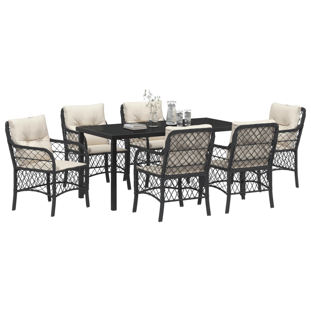 Set da Pranzo da Giardino 7 Pezzi con Cuscini Nero Rattan PE