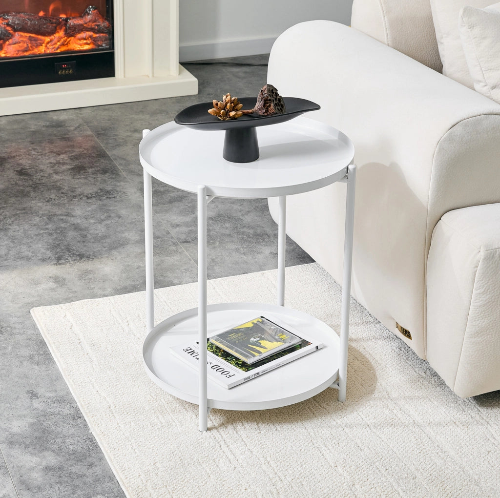 Tavolino laterale rotondo 42x52 cm a 2 ripiani in MDF e metallo bianco