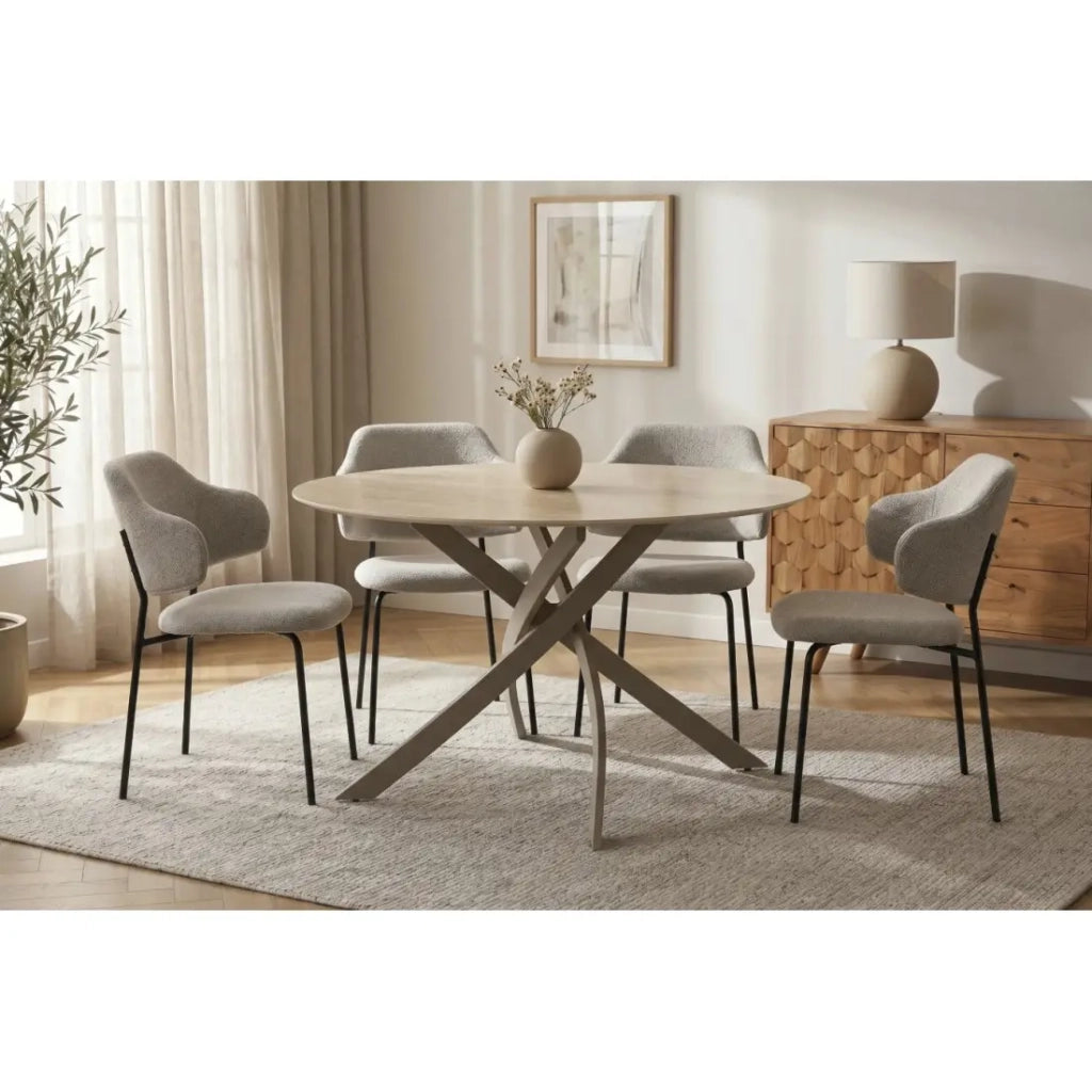 Tavolo da pranzo rotondo ARAVIS 120 cm - Ceramica beige effetto pietra e gambe design marrone