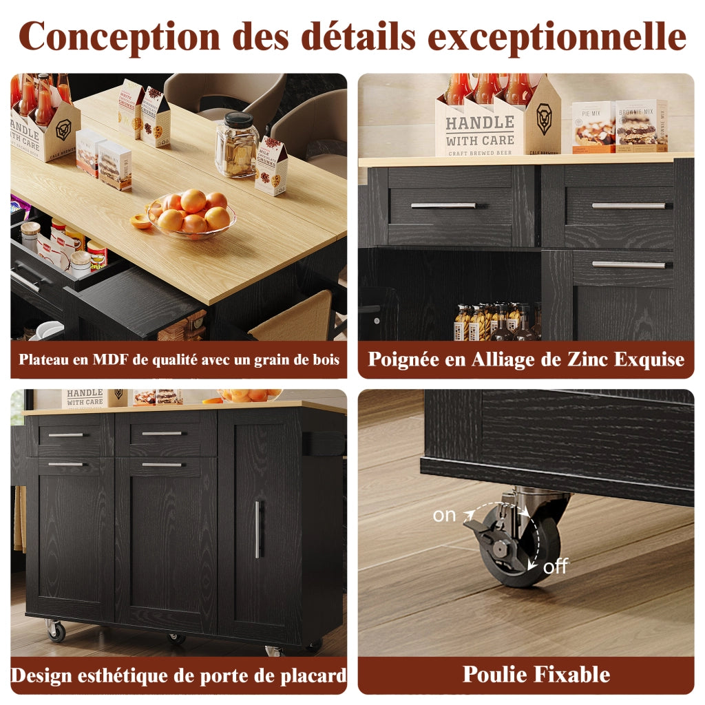 OKWISH Carrello da Cucina con Piano Pieghevole, Vani Estensibili e Ruote con Freno, per Cucina, 110×46×90.5 cm