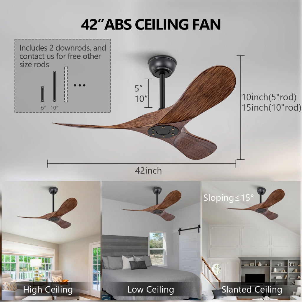 Ventilatore da soffitto senza luce con telecomando, 6 velocità, ABS nero e noce scuro, per interni ed esterni