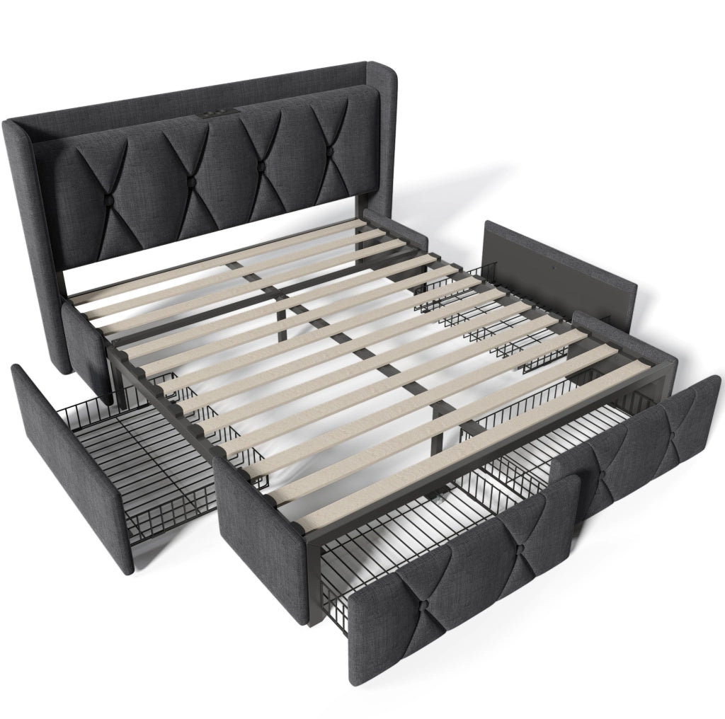 Letto matrimoniale 160x200 cm imbottito grigio in lino con 4 cassetti e porte USB