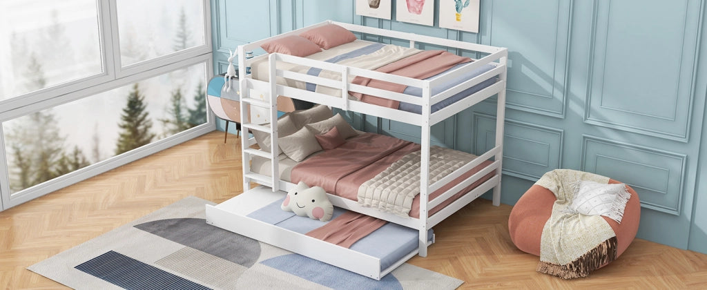 DESMIU Letto a castello 140 × 200 cm 3 posti con letto estraibile, senza materasso, in pino e MDF, bianco
