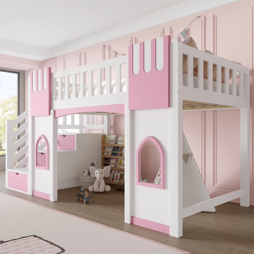 Letto a soppalco 90x200 cm con scala contenitore, bianco/rosa