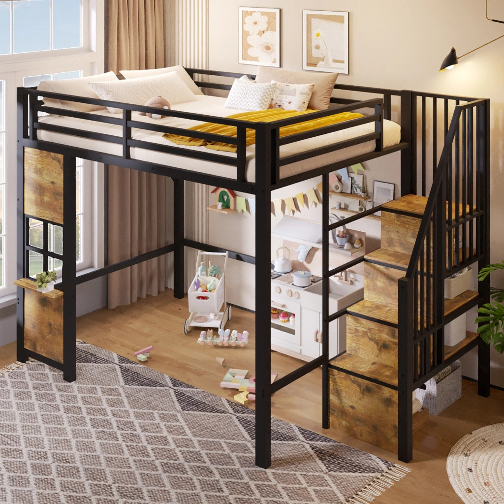 Letto a soppalco 140x200 cm con scala contenitore; finestra; spazio libero sottostante e parapetto; metallo nero