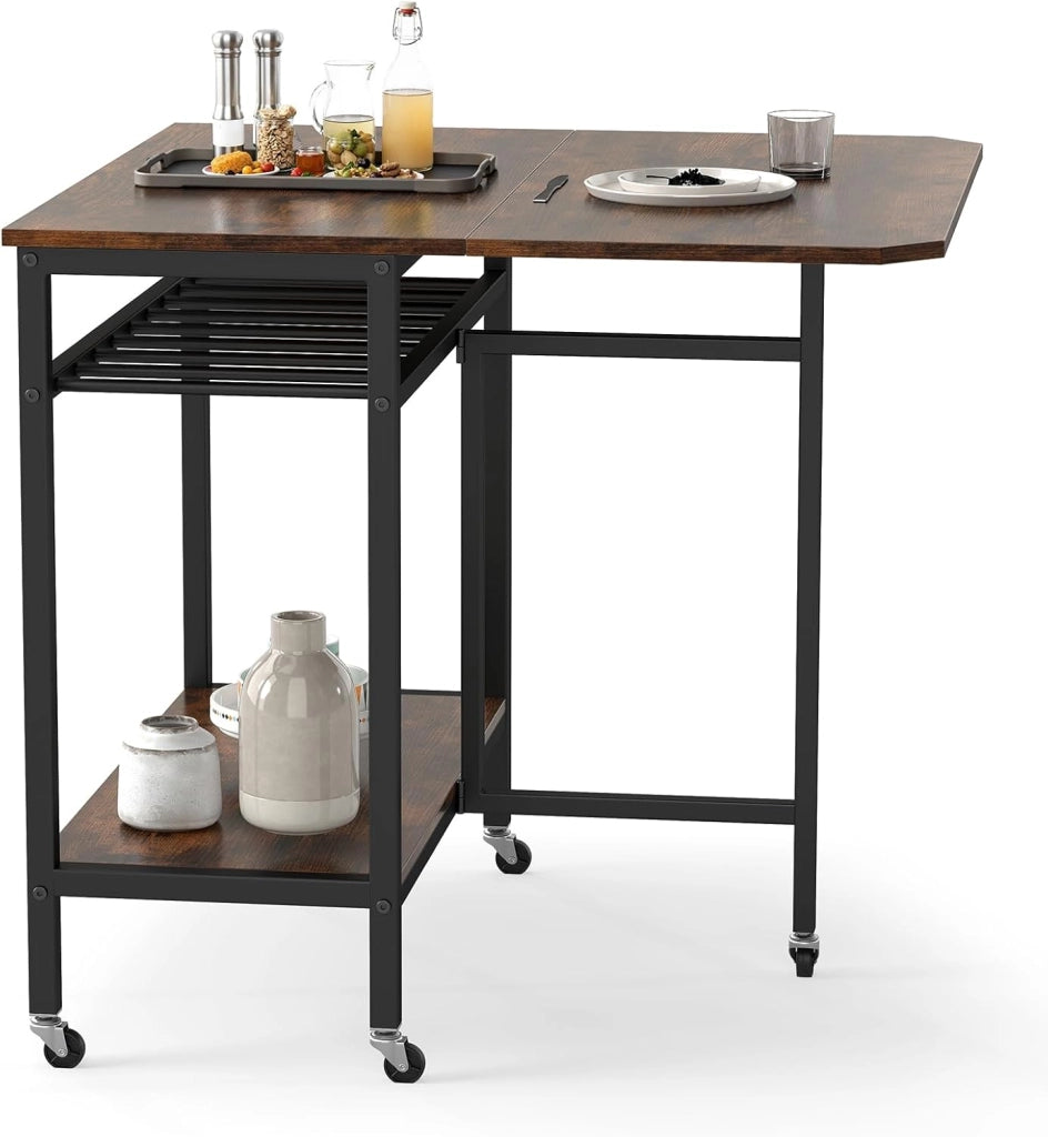Tavolo da Pranzo per 2-4 Persone, Tavolo Pieghevole con Ampio Piano, Portabottiglie, Ripiano Portaoggetti e Ruote Bloccabili per Cucina, Sala da Pranzo e Soggiorno, 75 x 80 x 75 cm