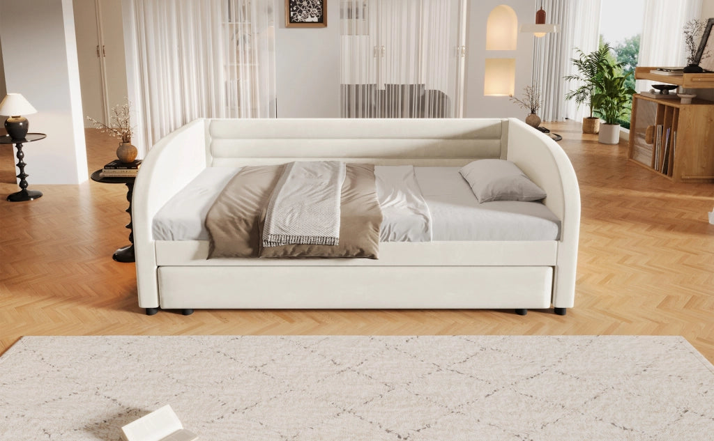 DESMIU Letto singolo 90 × 200 cm con letto estraibile e luce LED, senza materasso, in flanella beige