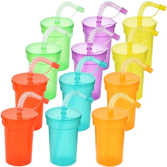 Set di bicchieri in rietile da 12 con manici - Bicchieri in rietile riutilizzabili - Bicchieri in rietile neon - Bicchieri per party - Bicchieri per bambini - Bicchieri duraturi e sicuri - Bicchieri per party