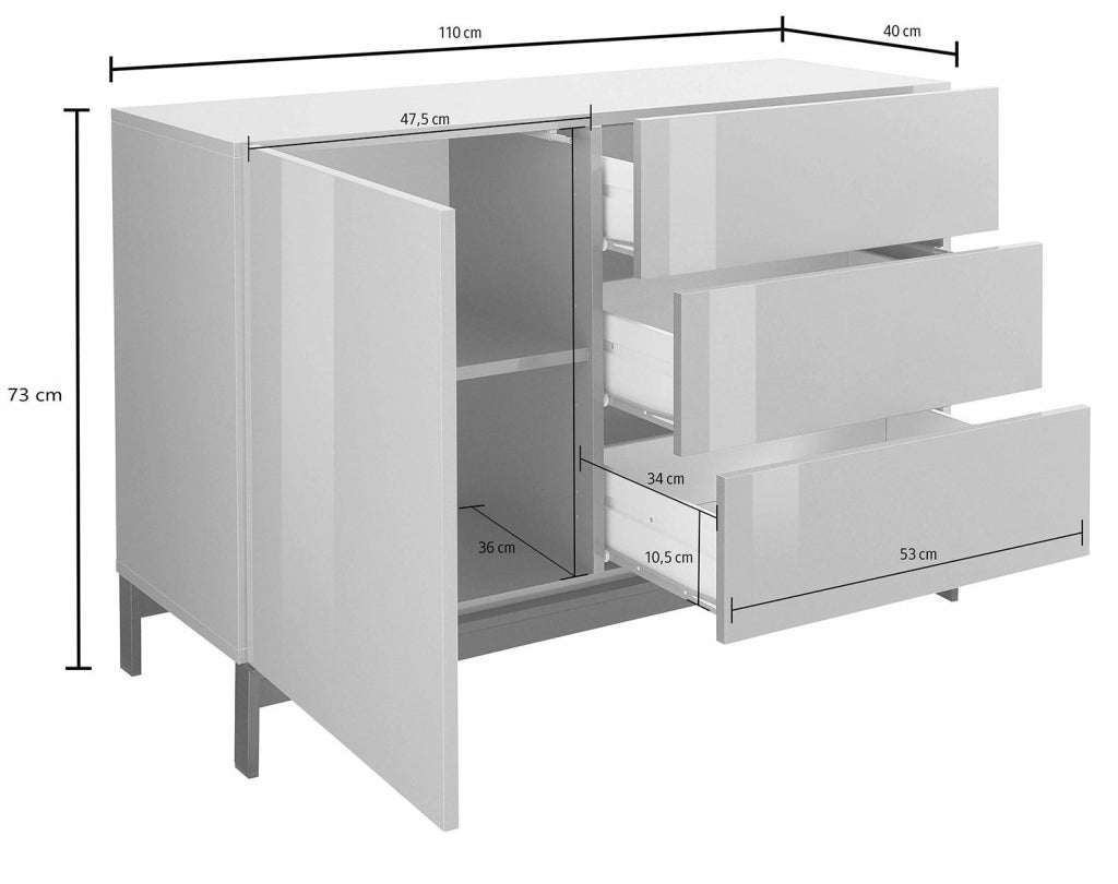 Credenza con piedi 1 Anta + 3 Cassetti 110x40x73 cm Metis Antracite Lucido