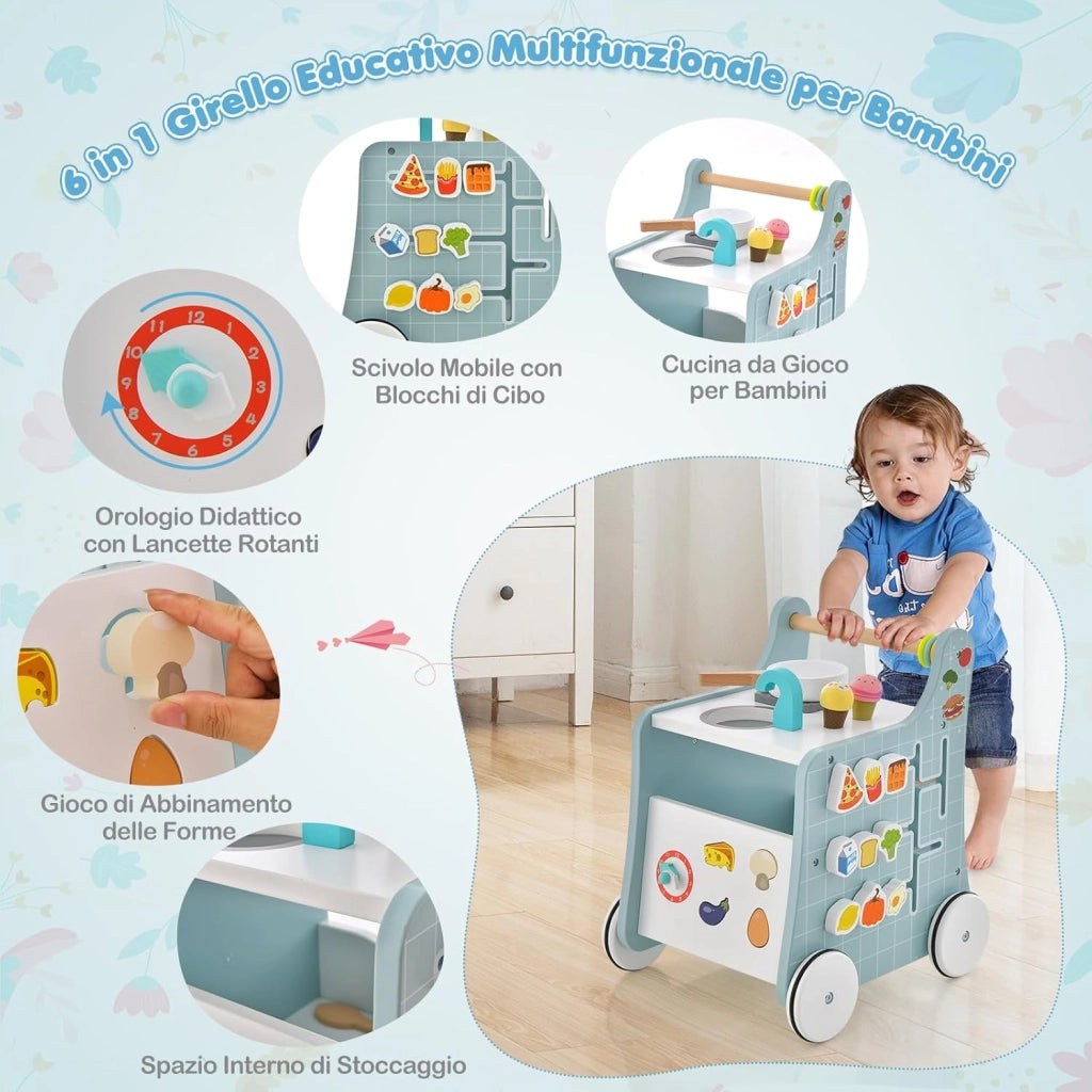 Girello per Bambini 6 in 1, Carrellino Primi Passi per Bmbini in Legno, con Cucina Giocattolo, Gioco Educativo con Ruote per Bambini 12 Mesi + (Blu)