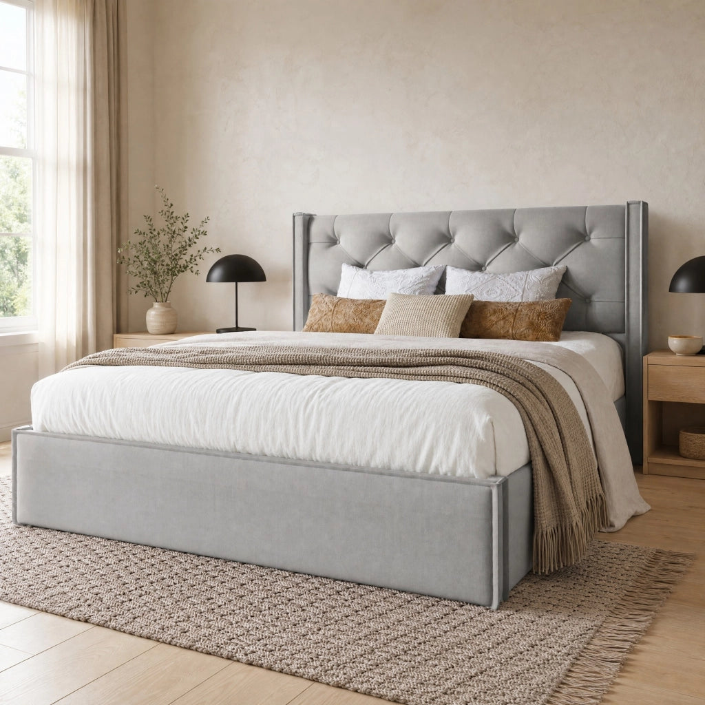 Letto matrimoniale imbottito 140x200 cm con contenitore, rete a doghe in legno, colore grigio chiaro