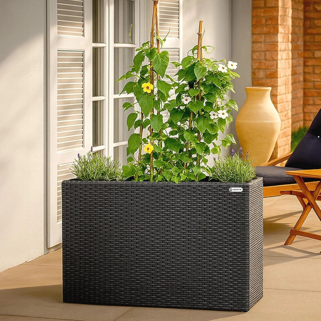 Fioriera Rettangolare 95x27x60 cm con 4 Vasi Interni in Polyrattan con Sistema di Drenaggio Fioriere Porta Vaso da Fiori Piante Divisorio Giardino Balcone Terrazza Nero