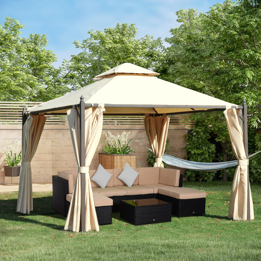 Gazebo da Giardino 3 x 3m con 4 Tende Laterali e Doppio Tetto Beige