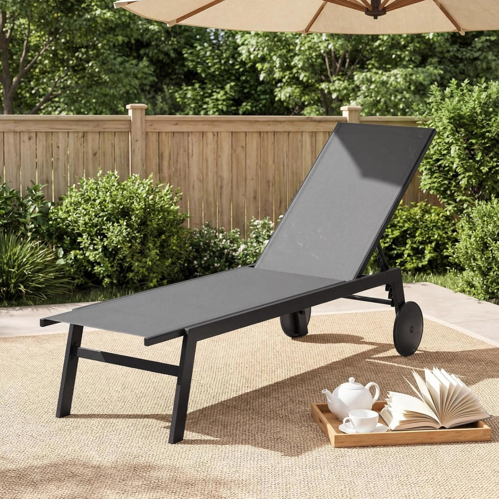Set di 2 Sdraio da Giardino Reclinabili, Sedia da Abbronzatura Piatta in Metallo Resistente con Schienale 6 Posizioni e Tessuto Traspirante, per Bordo Piscina e Terrazza (Grigio,2)