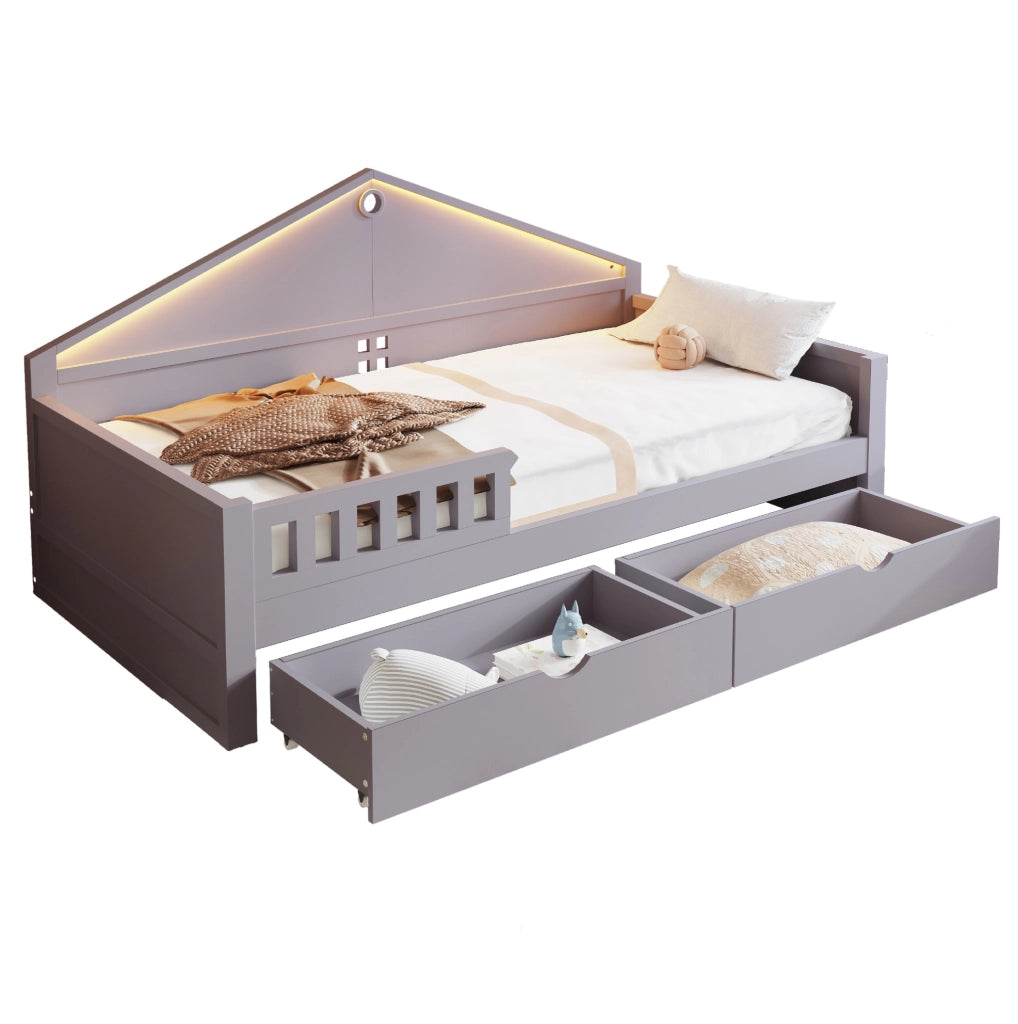 Letto singolo multifunzione 90x200 cm con LED e cassetti grigio