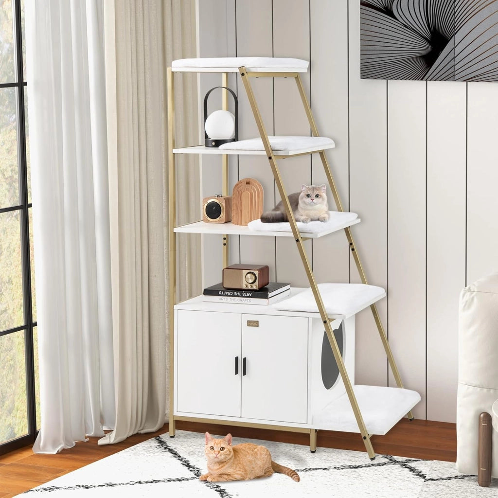 Lettiera per Gatti Salvaspazio, Mobile Nascosto 2 in 1 per Animali Domestici con Scaffale, Tappetini Rimovibili e Entrata a Forma di Testa di Gatto, Armadietto per Gatti per Salotto (Bianco)