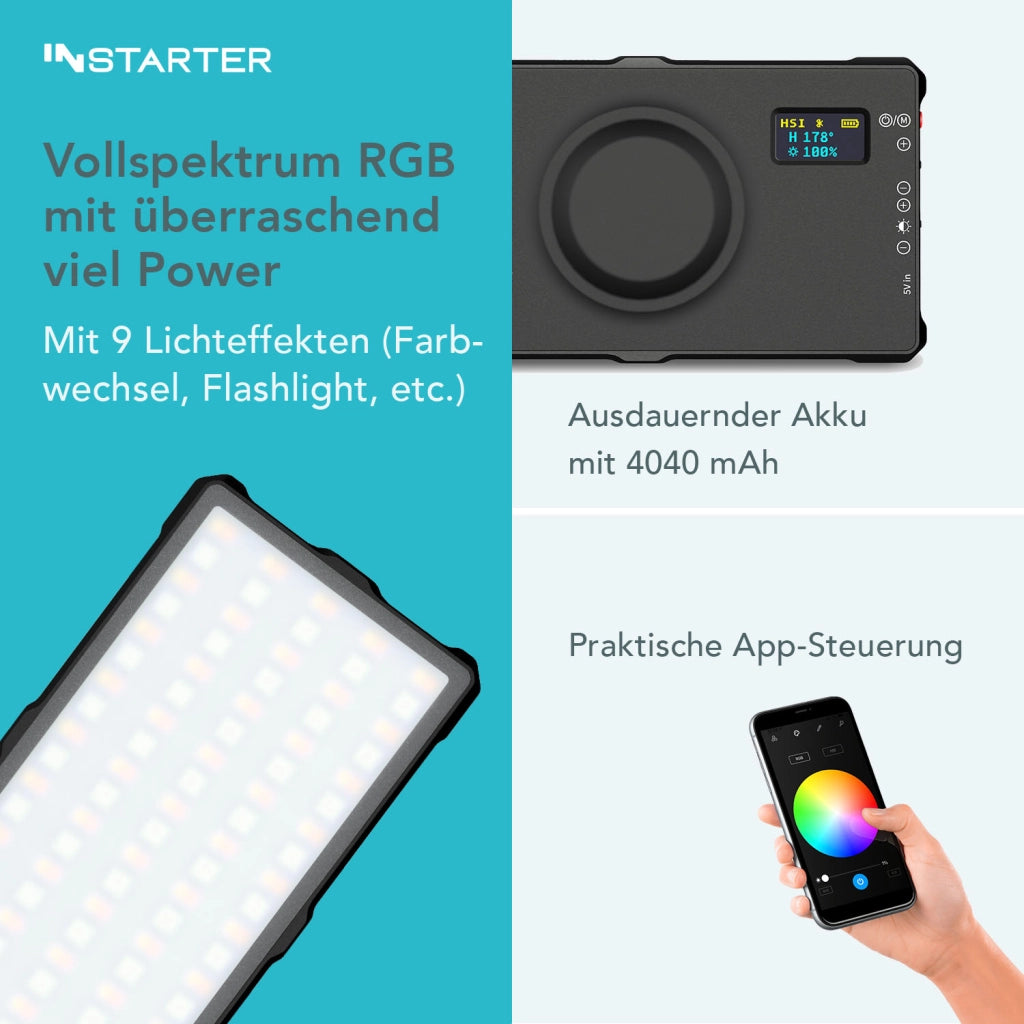 Instarter Faretto per fotografia, Pannello LED RGB per studio fotografico da 10 W, Luce tascabile per smartphone, controllo tramite App, illuminazione 3200-7500K