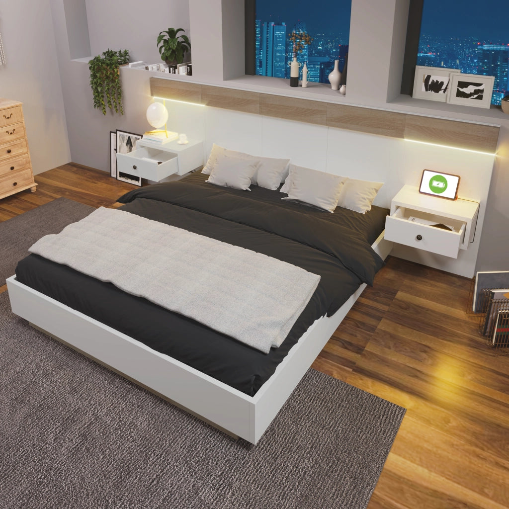Set camera – 140x200 cm – 2 comodini LED USBC – rovere Sonoma/bianco
