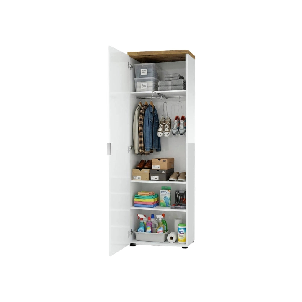Tani, Armadio Multiuso 1 Anta Appendiabiti Made in Italy, 60x190h cm Bianco Lucido