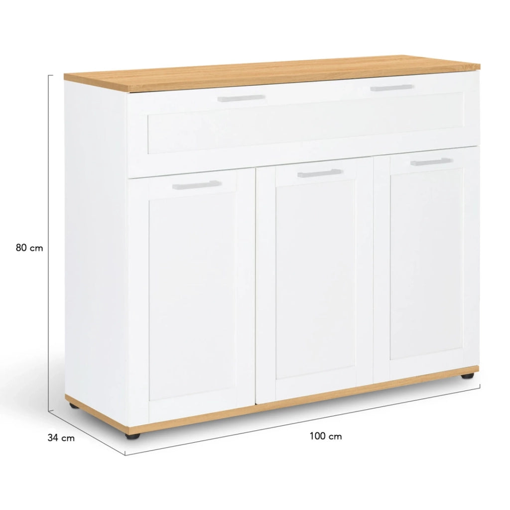 IDMarket - Credenza VITO 100 cm con 3 ante e 1 cassetto, bianco e piano in legno