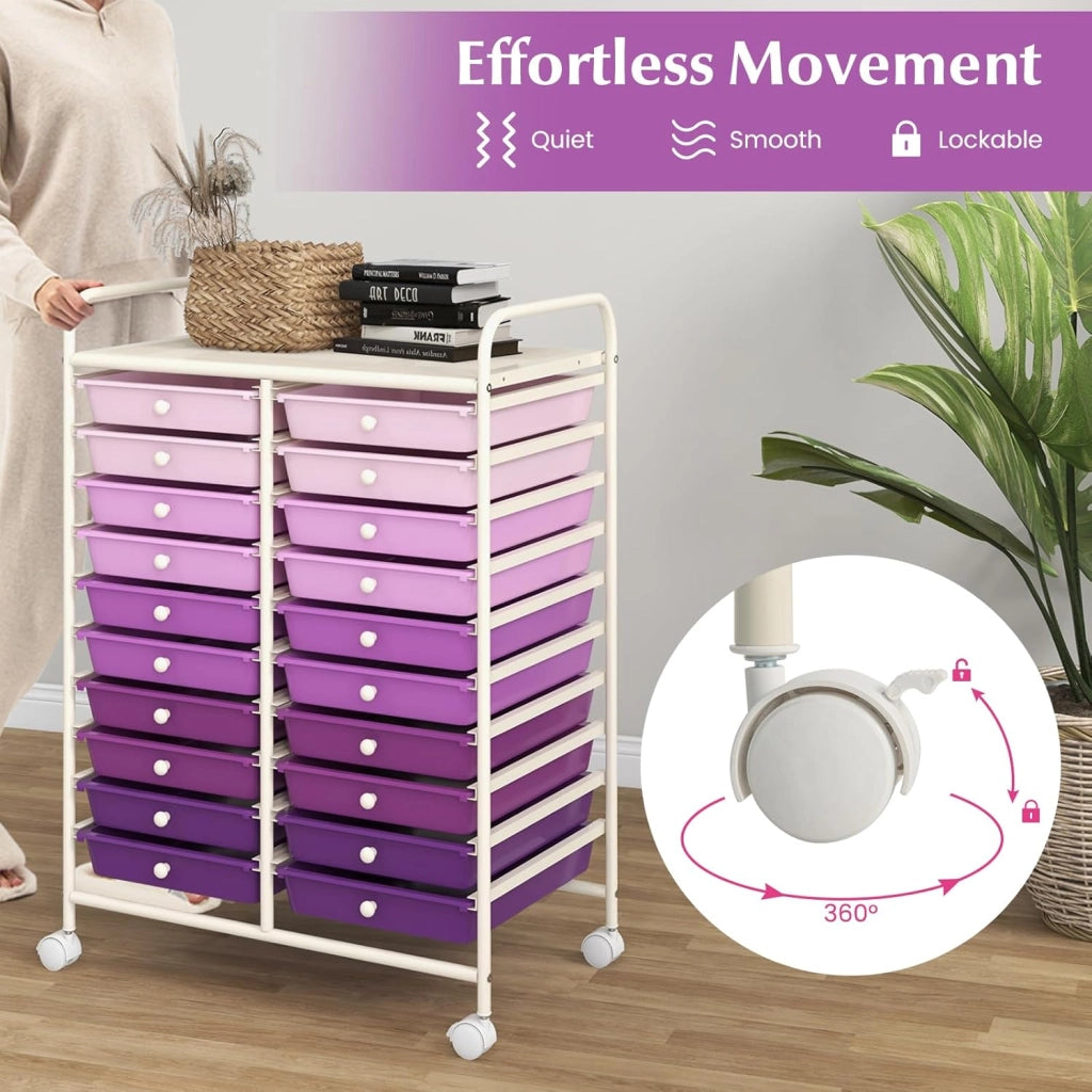 Carrello con 20 cassetti, impilabile, carrello per cassetti, da cucina, con ruote bloccabili, carrello per cucina, bagno, ufficio, 64 x 39 x 88 cm (viola)