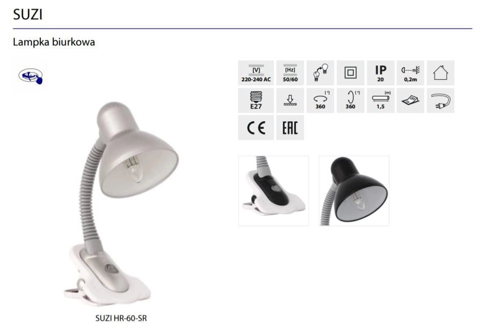 Lampada da scrivania a clip nera Kanlux SUZI 7151 E27