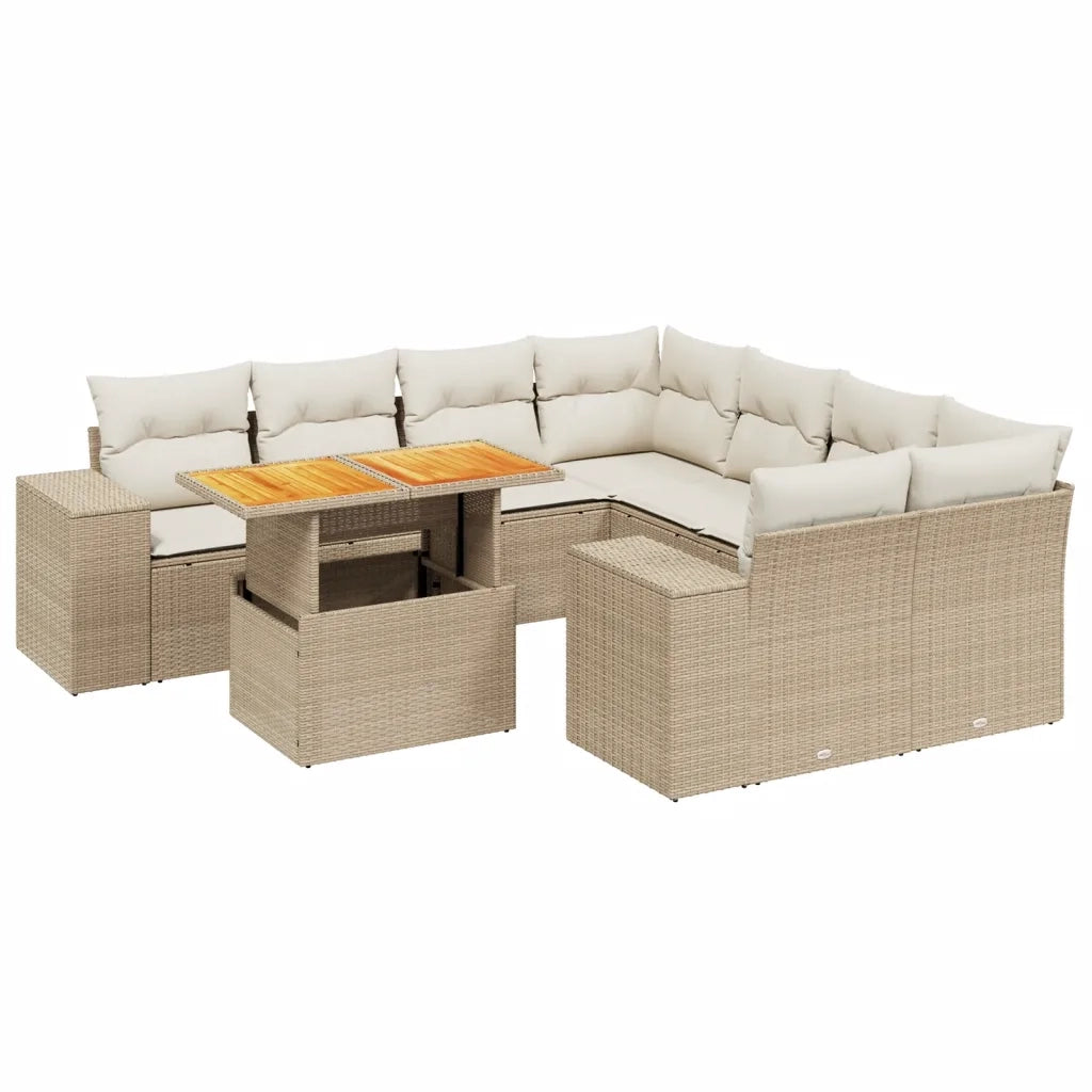 Set Divano da Giardino 9 pz con Cuscini Beige in Polyrattan