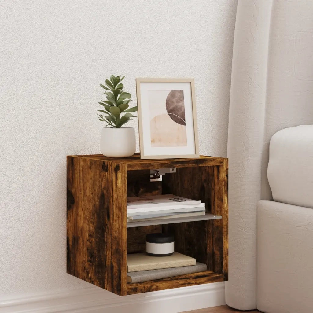Mobile TV a Parete | Armadietto TV | Mobile Porta TV con Luci LED Rovere Fumo 30x28,5x30 cm