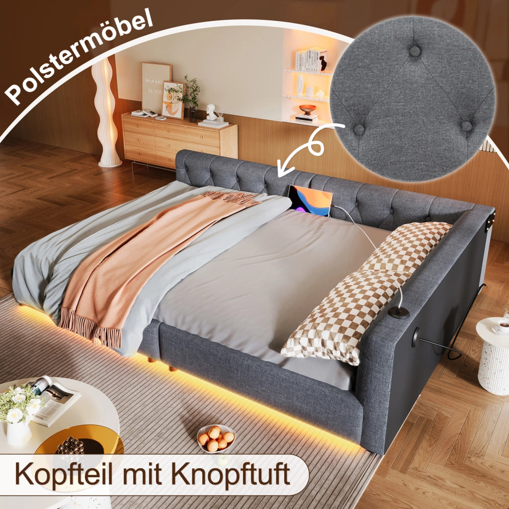 Divano letto con rete a doghe in lino grigio 140x200 cm