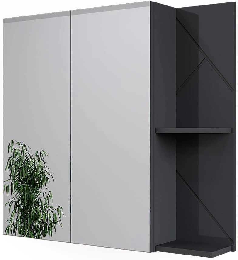 Mobile a specchio per bagno Irma, Antracite/quercia dorata, 80 x 75 cm, per montaggio a parete con ripiani aperti e specchio