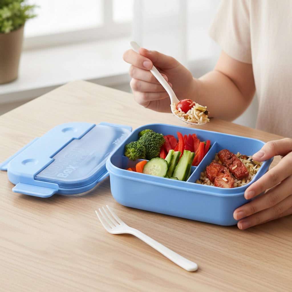 Contenitore per alimenti da 700 ml a 3 scomparti con cucchiaio e forchetta Blu Cheffinger