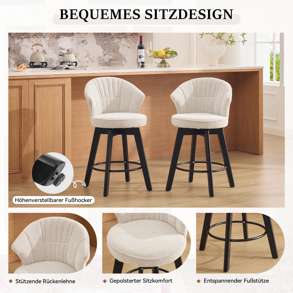 SGABELLO da bar girevole con schienale in chenille beige 51x52,5x92,5 cm