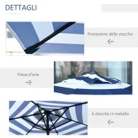 Ombrellone da Giardino Inclinabile Φ230cm, Apertura a Manovella, Palo in Metallo e 6 Stecche, Blu e Bianco