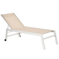Lettino Prendisole con Schienale Reclinabile, in Alluminio e Textilene, 169x65x102 cm, Beige e Bianco