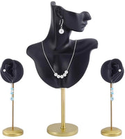 Standard per gioielli con 2 supporti per orecchini - Torso in vernice - Standard per esposizione - Supporto in acciaio dorato - 32 cm di altezza - Cassa per gioielli