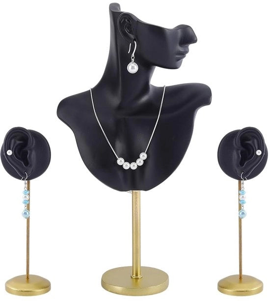 Standard per gioielli con 2 supporti per orecchini - Torso in vernice - Standard per esposizione - Supporto in acciaio dorato - 32 cm di altezza - Cassa per gioielli