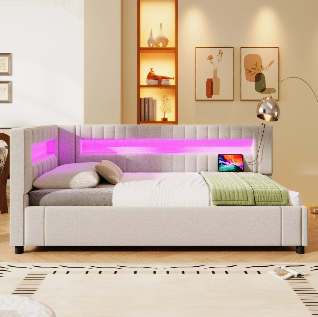 Letto singolo contenitore LED USB-C 90x200 cm beige