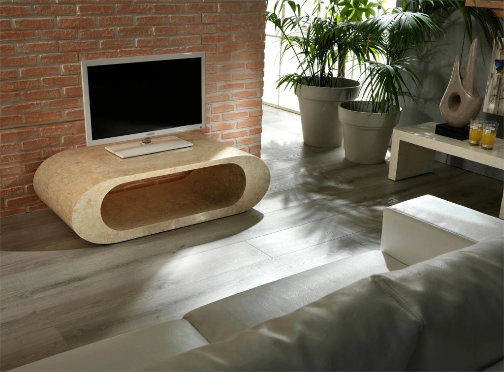 Tavolino Sandu da soggiorno in pietra fossile White Agata con struttura in compensato marino rinforzato - Design elegante beige 120cm
