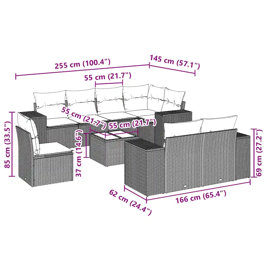 Set Divano da Giardino 9pz con Cuscini Grigio Chiaro Polyrattan