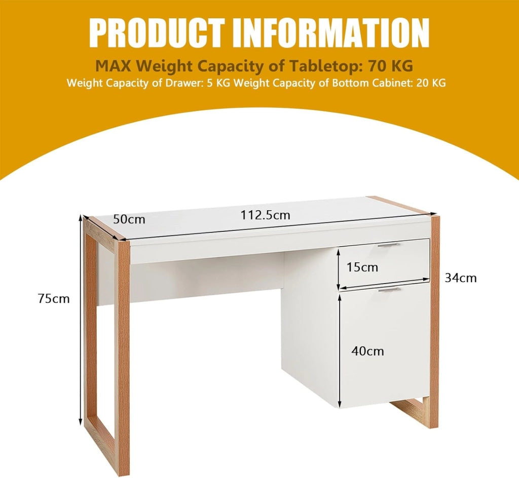 Scrivania per Computer, Scrittoio per Studio Moderno con Cassetto e Armadietto Spazioso in Legno Solido, per Ufficio/Casa, Portata di 70kg, 112,5x 50x75cm, Bianco (Bianco)