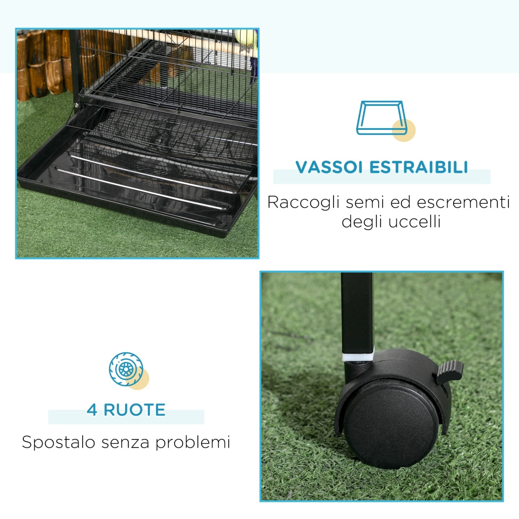Gabbia Voliera per Uccelli Interni con Ruote e Vassoi ¨C zephmum ¨C Nero, Metallo, 51.5x50x140 cm