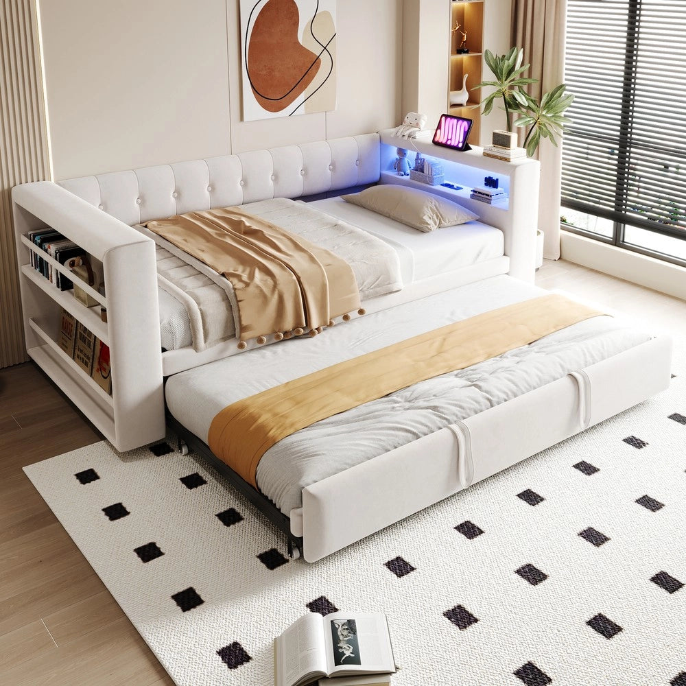 Letto imbottito 90x180x190 cm - Zephmum - LED, prese, ampio stoccaggio, beige