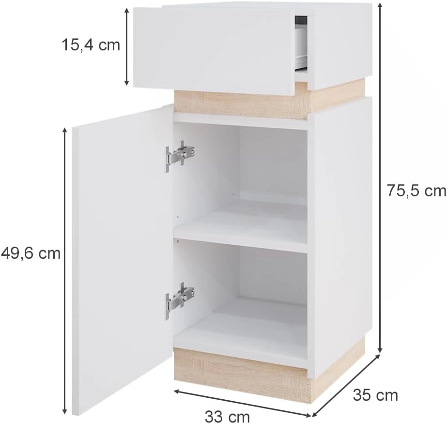 Mobiletto bagno Gloria, Bianco, 33 x 75.5 cm con anta e cassetto, con apertura per sifone e compatibile con la serie Gloria