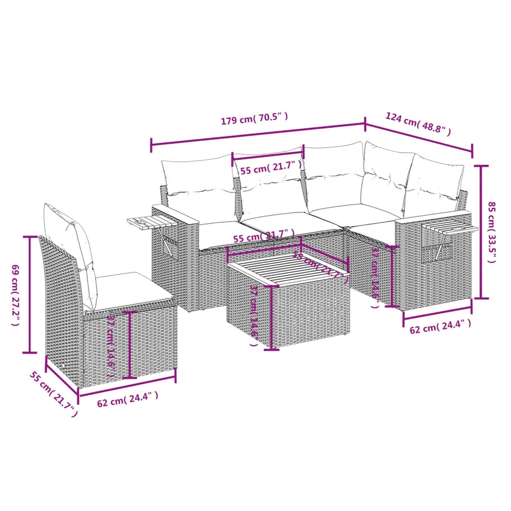 Set Divano da Giardino 6 pz con Cuscini Nero in Polyrattan
