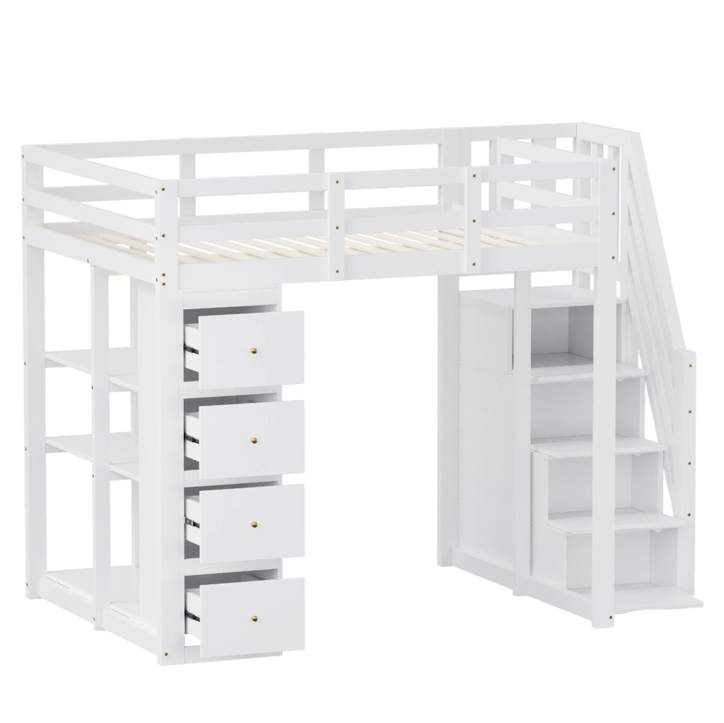Letto a soppalco ULEVR 140x200 cm bianco con 4 cassetti, scala con cassetti e scaffale